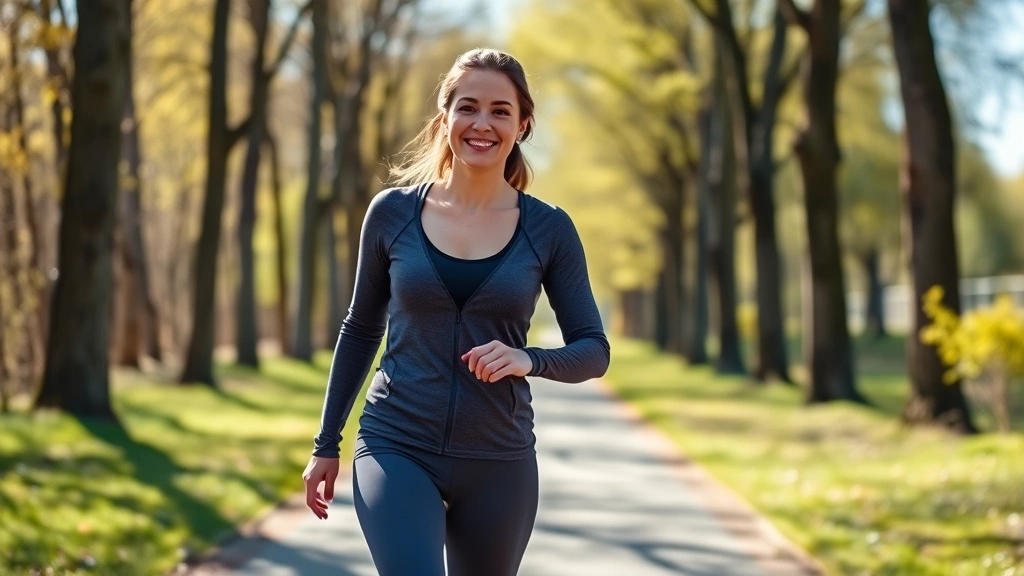 Woman in comfortable workout clothes walking outdoors on a sunny path through trees, smiling confidently, natural lighting, healthy and energetic appearance