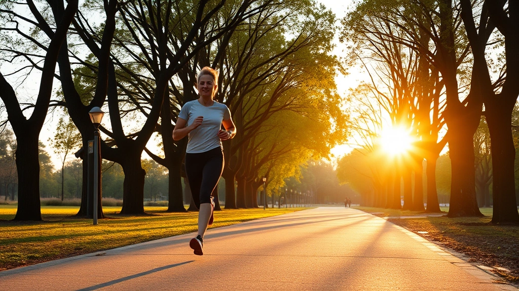 Person jogging on tree-lined path in park during golden hour, athletic wear, genuine movement, peaceful outdoor fitness, photorealistic