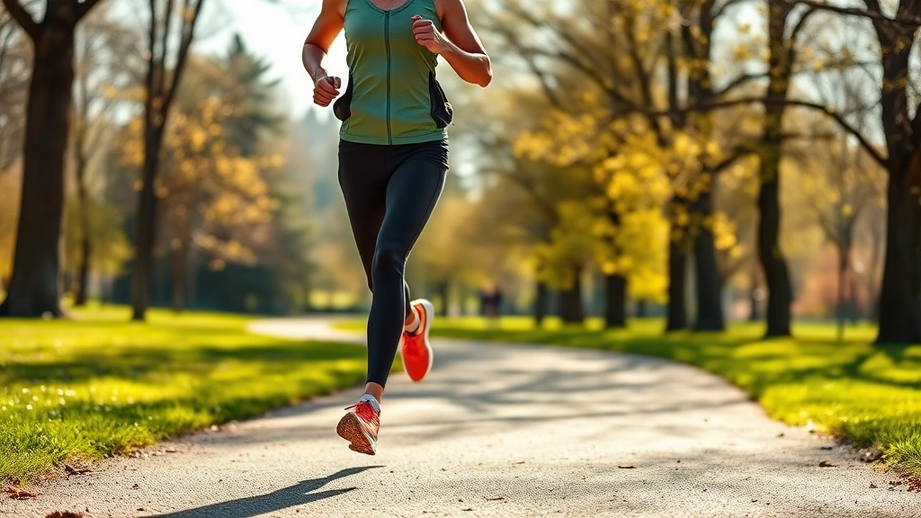 Person jogging outdoors on a sunny path through a park, wearing athletic wear, showing confidence and strength during morning exercise routine