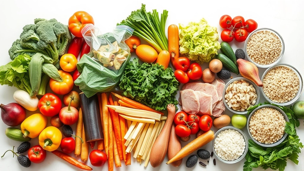 Colorful array of fresh vegetables, fruits, lean proteins, and whole grains arranged on white counter, vibrant natural lighting, appetizing presentation, no labels or text visible