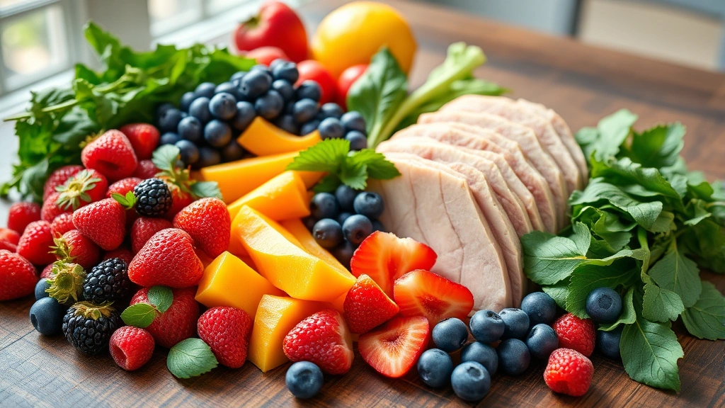 Colorful arrangement of fresh berries, leafy greens, lean protein sources on wooden table, natural morning light, appetizing presentation, vibrant health imagery, no labels or text