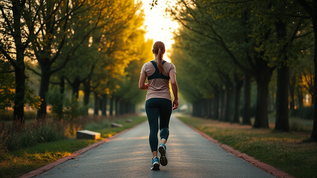 Person walking outdoors on a tree-lined path during golden hour, wearing comfortable athletic wear, peaceful natural environment, healthy lifestyle imagery