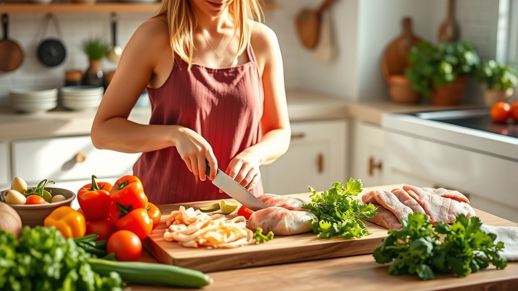 Woman in a bright kitchen preparing fresh vegetables and lean proteins, chopping vegetables on a wooden board, natural ingredients displayed, warm natural light