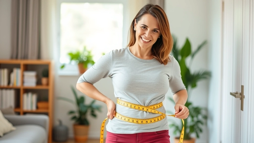 Woman measuring her waist with a tape measure, looking positive and hopeful, standing in comfortable home clothing with natural light from window
