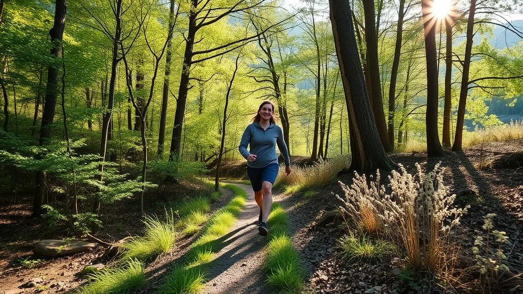 Person walking on scenic nature trail surrounded by green trees and natural landscape, morning sunlight, peaceful expression, active movement captured in motion, outdoor wellness setting