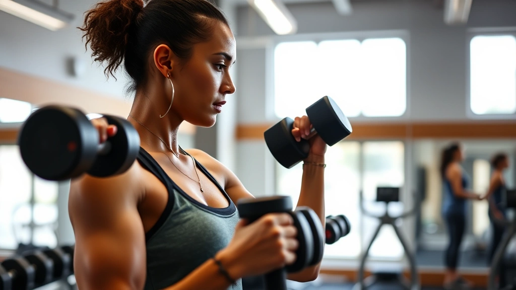 Person doing strength training with dumbbells in bright, modern fitness studio, focused expression, proper form, energetic atmosphere, health and wellness emphasis, no mirrors or text visible