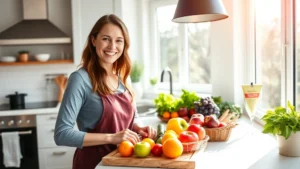 Woman smiling while preparing fresh colorful vegetables and fruits in a bright, modern kitchen with natural sunlight streaming through windows