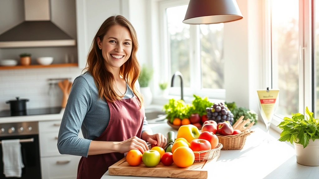 Woman smiling while preparing fresh colorful vegetables and fruits in a bright, modern kitchen with natural sunlight streaming through windows