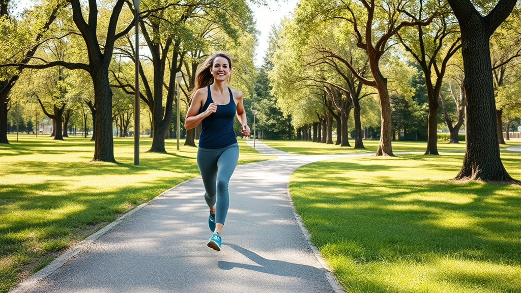 Active woman jogging through a scenic park with trees and green grass, wearing comfortable athletic clothes, appearing energized and healthy