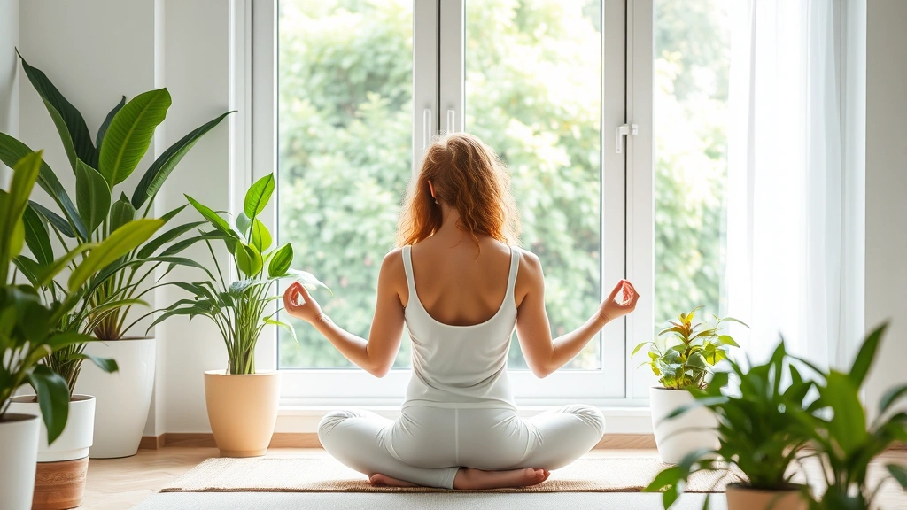 Woman meditating peacefully in lotus position by a window, surrounded by plants, with soft natural light creating a calm wellness atmosphere