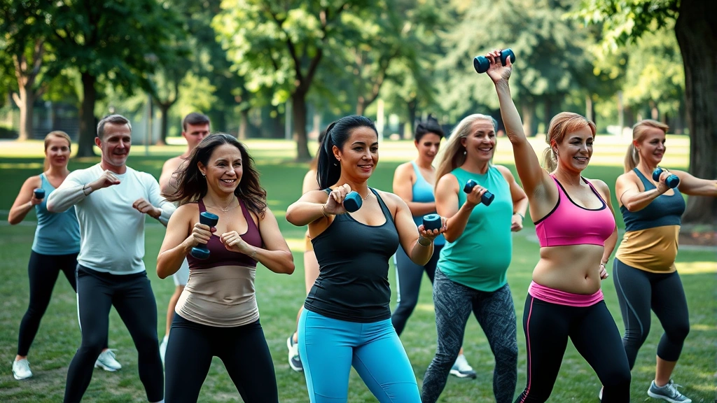 A diverse group of people exercising together at an outdoor fitness class in a park, showing various body types, ages, and fitness levels participating enthusiastically with dumbbells and resistance training