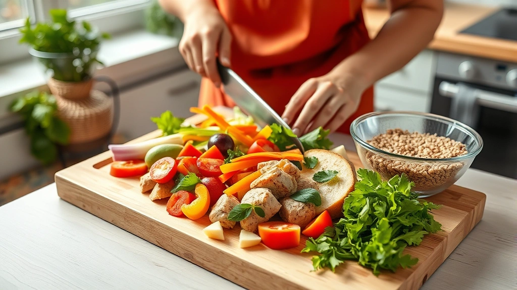 A person preparing a colorful, nutritious meal with fresh vegetables, lean protein, and whole grains on a wooden cutting board in bright natural kitchen light, showcasing healthy food preparation