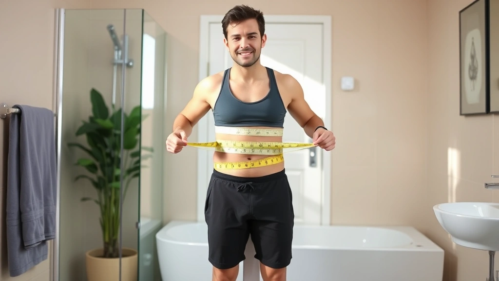 Person measuring waist circumference, standing on bathroom scale in bright bathroom, professional wellness setting, natural lighting, healthy posture, wearing comfortable athletic wear, focused expression, no numbers visible on scale