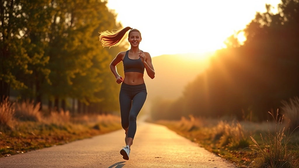 Woman jogging outdoors on tree-lined path during golden hour, athletic build, energetic posture, natural landscape background, demonstrating active lifestyle, bright daylight, healthy glow, movement captured mid-stride