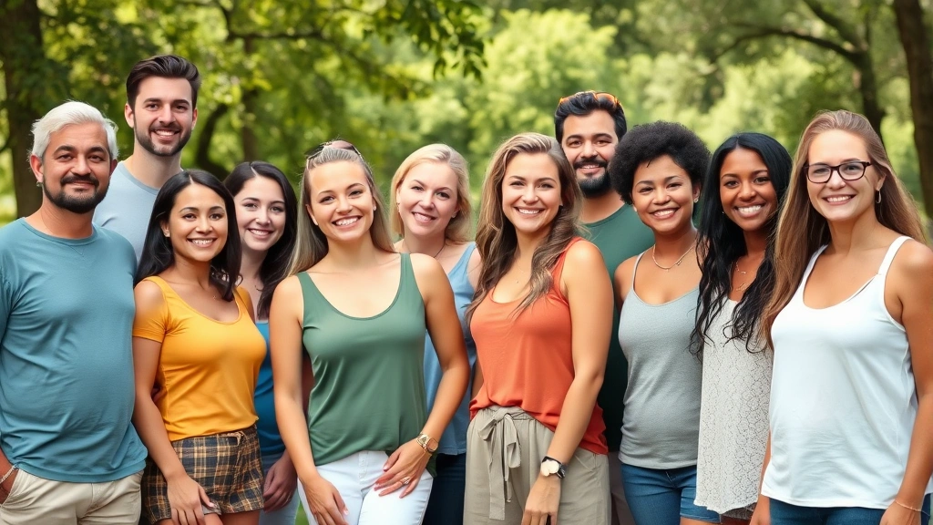 Diverse group of people at outdoor wellness gathering, smiling and relaxed, standing together in park setting, various body types, natural clothing, genuine happiness, healthy lifestyle environment, green background