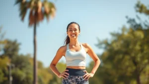 A fit woman in athletic wear standing confidently outdoors in natural sunlight, smiling with genuine joy and energy, showcasing healthy posture and radiant wellness