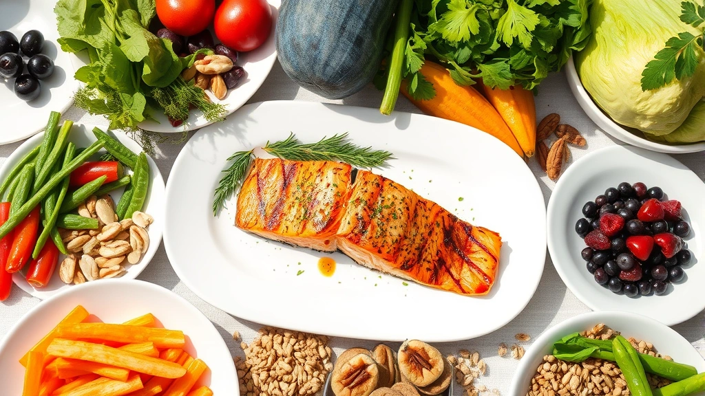 A colorful table display featuring whole foods including grilled salmon, fresh vegetables, fruits, nuts, and whole grains arranged appetizingly on white dinnerware in natural daylight