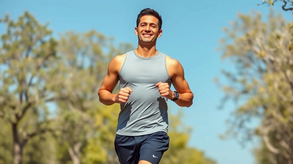 Fit man in casual athletic wear jogging outdoors on a sunny day, smiling confidently, trees and blue sky background, healthy lifestyle appearance