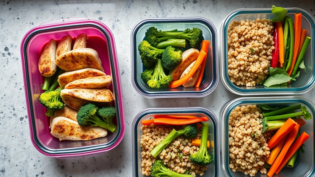 Overhead view of colorful meal prep containers filled with grilled chicken, broccoli, quinoa, and fresh vegetables on a kitchen counter