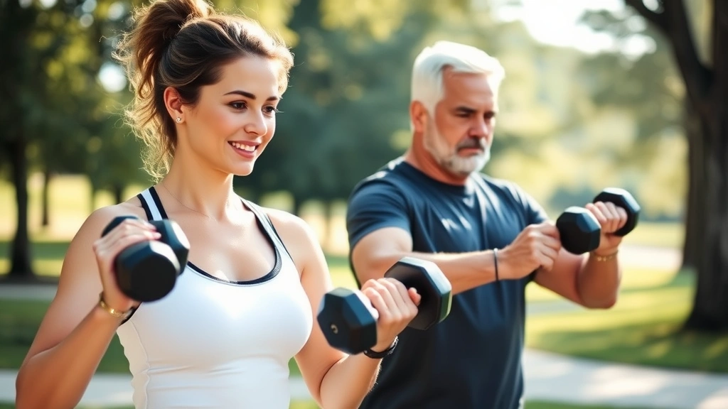 Woman and man exercising together outdoors, doing resistance training with dumbbells in a park setting, morning light, focused expressions