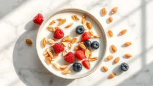 Overhead flat lay of healthy breakfast cereal bowl with fresh berries, almonds, and milk on white marble surface with natural morning sunlight