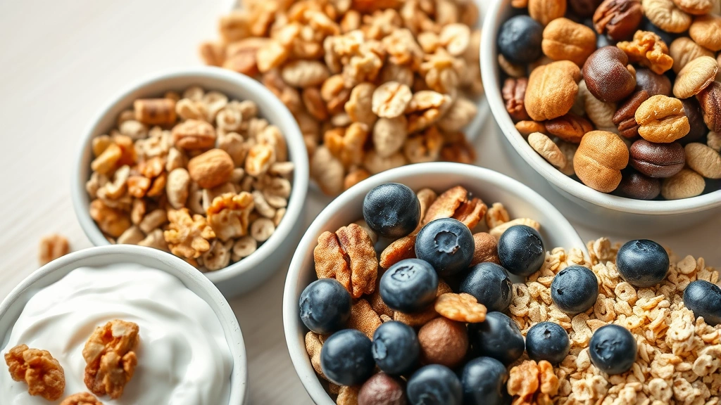 Close-up of diverse high-protein cereal varieties and nutritious toppings including Greek yogurt, walnuts, and blueberries arranged on light wooden table
