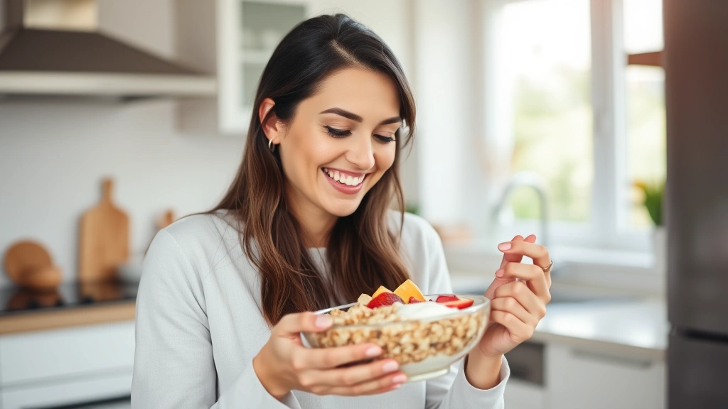 Woman enjoying healthy breakfast bowl with whole grain cereal, yogurt, and fresh fruit in bright kitchen, smiling and satisfied