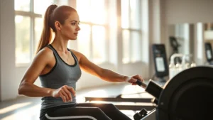 Woman rowing on indoor rowing machine in bright gym, focused expression, athletic wear, water bottle nearby, morning natural light streaming through windows