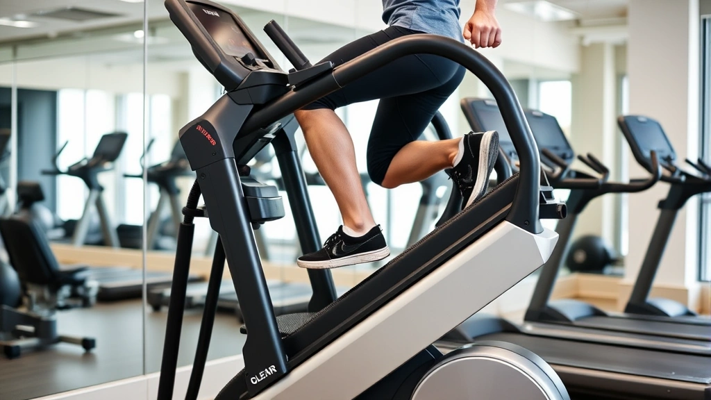 Person climbing on stair climber machine in modern fitness studio, determined posture, legs engaged, contemporary gym setting with mirrors