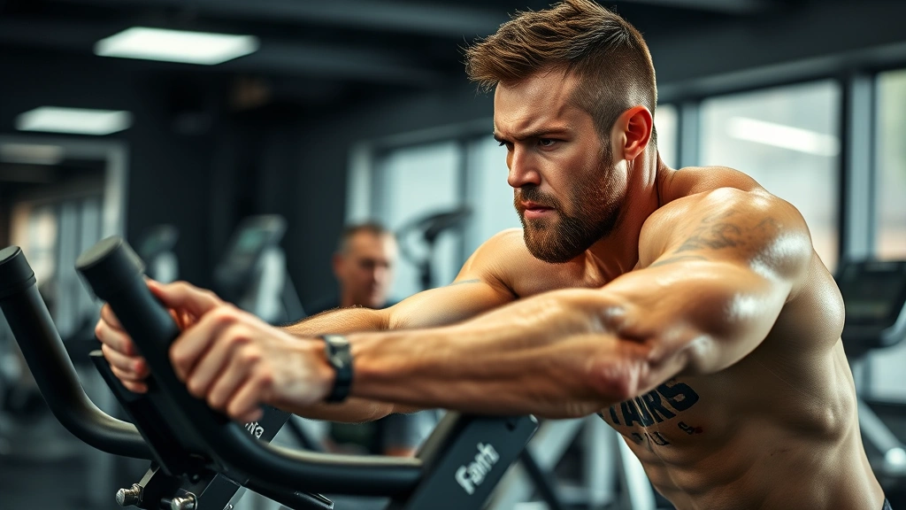 Man using assault bike in gym with intense effort, muscular definition visible, sweat on face, professional gym environment with other equipment blurred in background