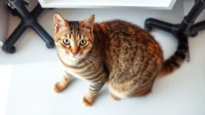 Overhead view of a healthy-weight tabby cat sitting on white floor, alert posture, visible waist definition, professional veterinary clinic setting with soft natural lighting