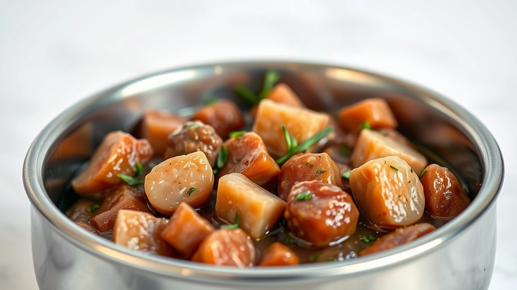 Close-up of premium cat food in a stainless steel bowl, high-protein wet food with visible meat chunks, fresh herbs garnish, clean minimalist background, appetizing presentation