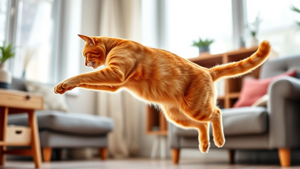 Side profile of a fit, athletic orange cat in mid-jump or play position, muscular definition, indoor home environment with cat furniture, natural window lighting, active and energetic pose
