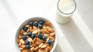 Overhead shot of a white ceramic bowl filled with colorful high-fiber cereal, fresh blueberries, and sliced almonds, with a glass of unsweetened almond milk beside it on a bright kitchen counter with natural morning light