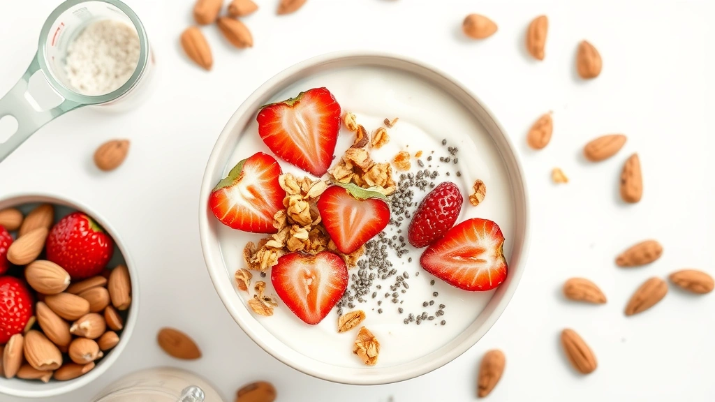 Flat lay composition of a breakfast bowl containing Greek yogurt topped with granola, fresh strawberries, and chia seeds, surrounded by scattered almonds and a measuring cup on a clean white surface