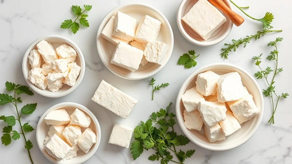 Overhead flat lay of various fresh cheeses including cottage cheese, feta blocks, mozzarella balls, and ricotta in white ceramic bowls on marble countertop with fresh herbs and vegetables, natural daylight, clean wellness aesthetic