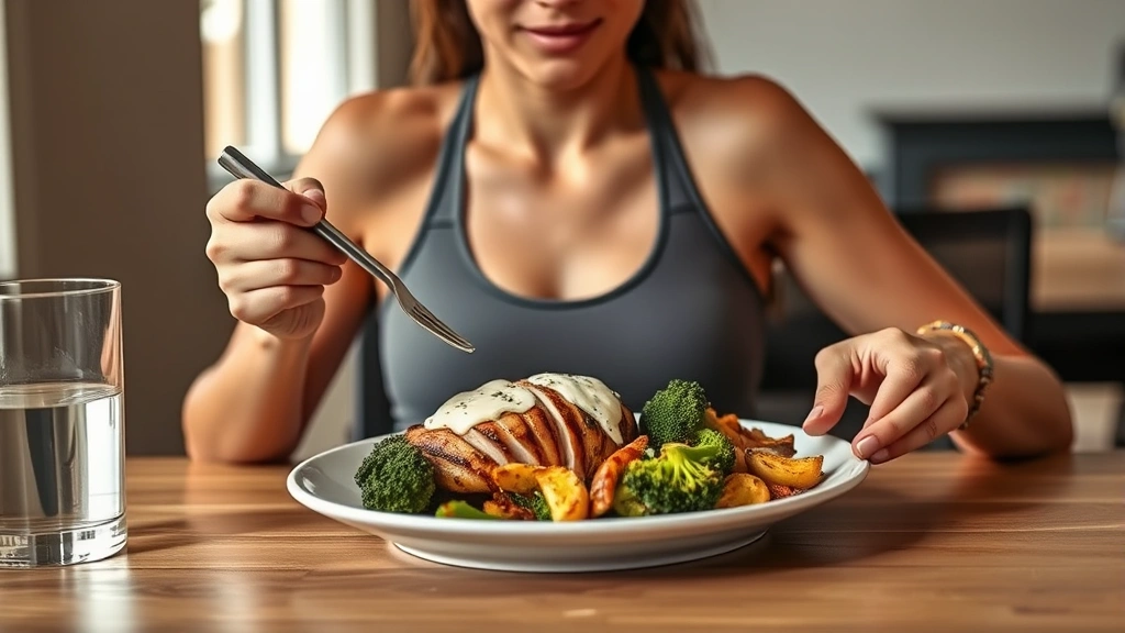Woman in fitness attire enjoying a balanced meal plate with grilled chicken, melted part-skim mozzarella, roasted broccoli and vegetables, seated at dining table with water glass, warm natural lighting, healthy lifestyle setting
