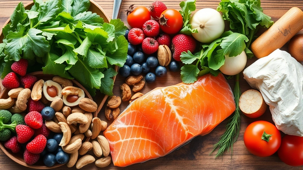 Colorful array of whole foods including leafy greens, berries, nuts, salmon, and vegetables arranged on wooden surface, bright natural lighting, vibrant health-focused composition