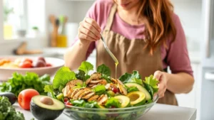 Woman preparing a colorful salad with leafy greens, grilled chicken, avocado, and olive oil dressing in a bright kitchen, healthy PCOS-friendly meal preparation