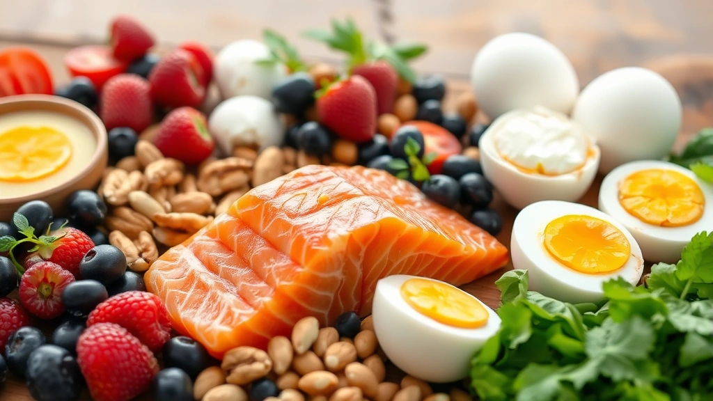 Close-up of diverse whole foods arranged on a wooden table: salmon fillet, eggs, berries, nuts, legumes, and fresh vegetables representing PCOS-friendly nutrition