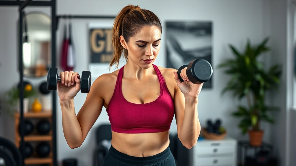 Woman doing resistance training with dumbbells in a home gym setting, focused expression, combining strength training with PCOS dietary management for optimal weight loss