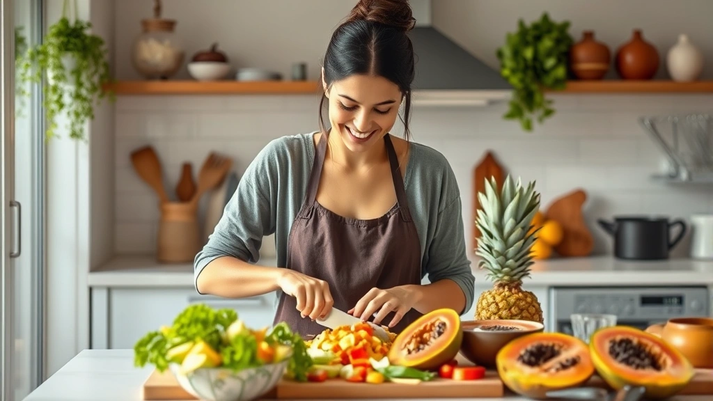 Woman preparing fresh salad with raw vegetables, pineapple, and papaya in a bright kitchen, smiling while chopping ingredients