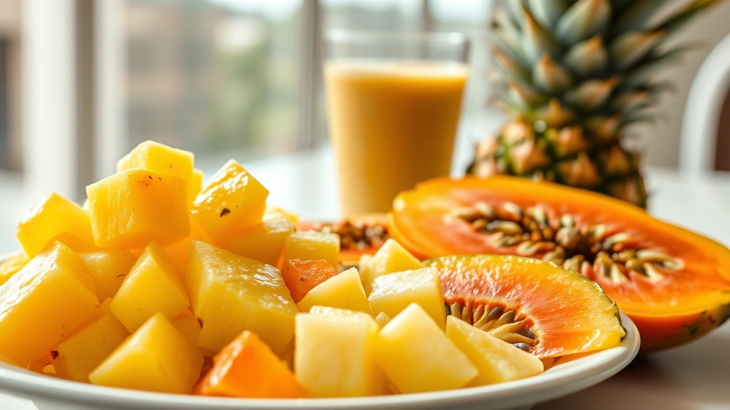 Close-up of fresh pineapple chunks and papaya slices on a white plate with a smoothie glass in background, natural morning sunlight