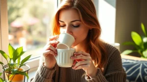 Woman drinking fresh green tea from a white ceramic cup in bright morning sunlight, sitting by a window with plants, healthy lifestyle aesthetic, photorealistic, warm natural lighting