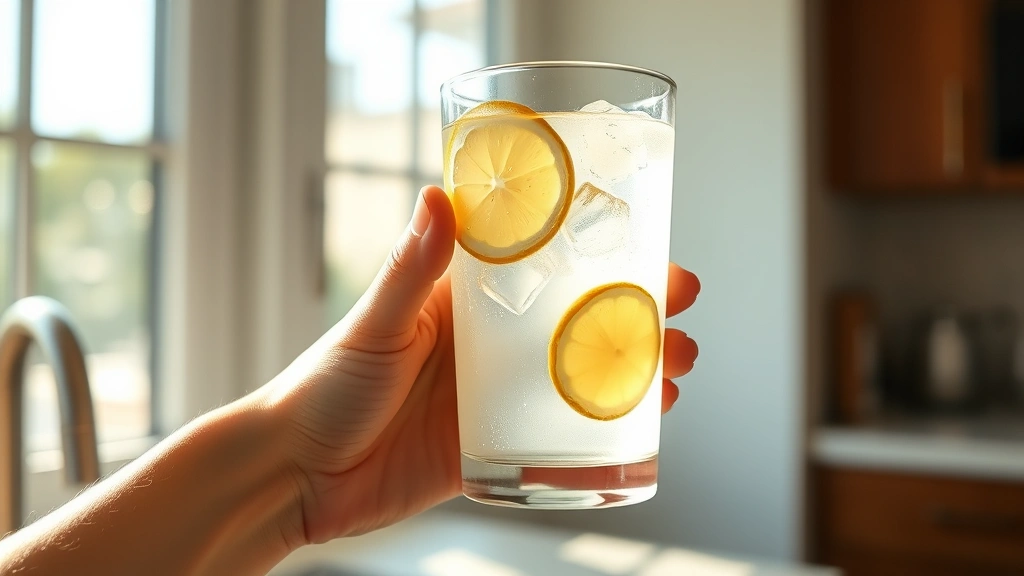 Person holding a clear glass of water with fresh lemon slices and ice cubes, morning sunlight streaming through a bright kitchen window, photorealistic wellness imagery