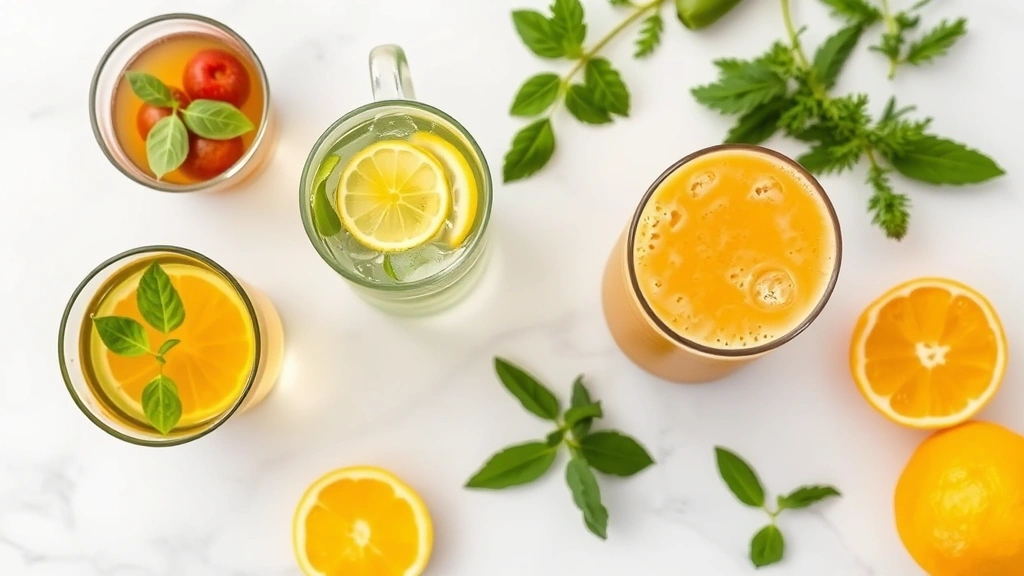 Overhead flat lay of colorful healthy beverages including green tea, water with lemon, and protein smoothie in clear glasses on white marble counter with fresh herbs and citrus