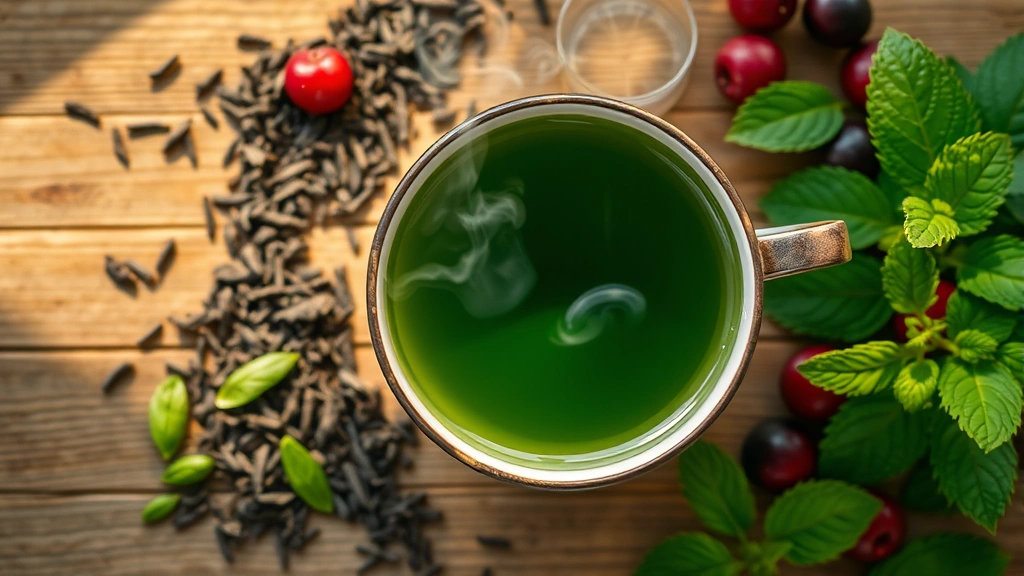 Overhead flat lay of steaming green tea cup with loose tea leaves nearby, fresh mint leaves, and berries on a wooden surface, warm natural lighting, healthy beverage composition