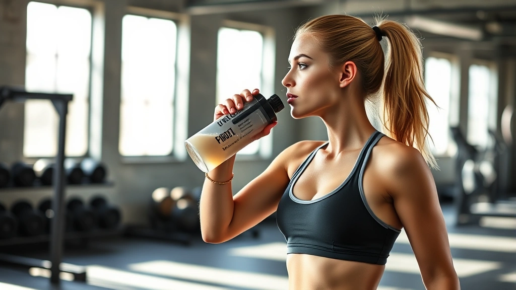 Athletic woman drinking protein shake after workout, holding shaker bottle, gym setting with water bottle visible, energetic and healthy appearance, natural daylight streaming through windows