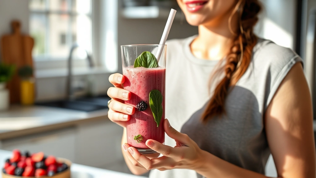 Woman enjoying a protein smoothie in a tall glass with berries and spinach visible, holding cup with both hands, bright kitchen setting, wellness and nutrition focused, natural daylight