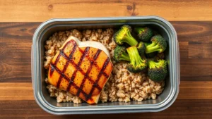 Overhead view of a colorful frozen meal tray with grilled chicken breast, roasted broccoli florets, and brown rice, steam rising, professional food photography, bright kitchen lighting, appetizing presentation